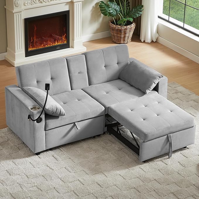 66" Multi-Functional Pull-Out Sofa Bed with Hidden Side Table, Storage Armrests, Built-in Charging Port, Spring Mattress, Solid Wood Frame – Ideal for Small Spaces, Easy Assembly