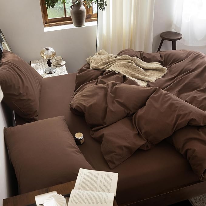 FOSSA Duvet Cover Set 100% Washed Cotton Linen Feel Super Soft Breathable Cozy Simple Style 3 Pieces Bedding Sets Solid Cocoa Brown Super King Plus