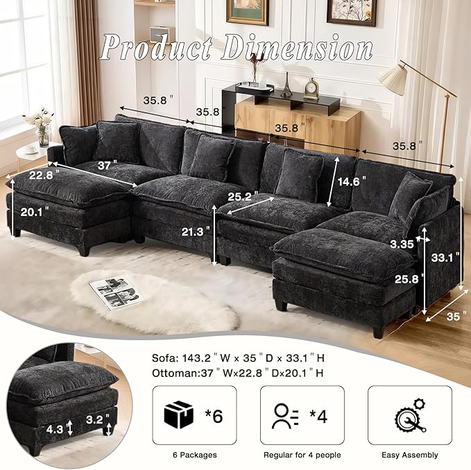 SoarFlash 149.61" Chenille Sectional Sofa, Comfy U Shaped Modular Coush Sofa with Ottoman, Modern 4 Seat Couch Deep Seat Sofa Set for Living Room,Black