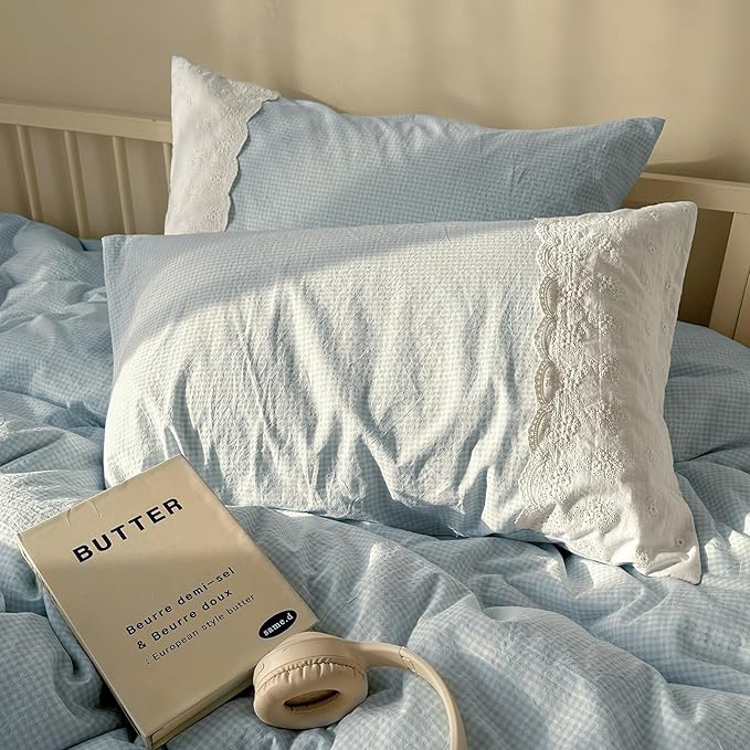 mixinni Blue Gingham Duvet Cover Twin Size - 3 Piece Cottagecore Plaid Bedding Set with Lace Trim, Soft Washed Microfiber Vintage Aesthetic Grid Comforter Cover & Pillow Shams, (Blue White Gingham)