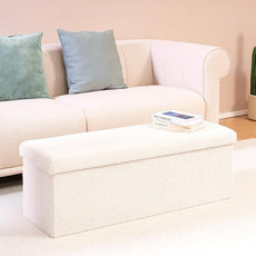 PINPLUS Folding Storage Ottoman Bench, Upholstered Sherpa Ottoman, Large Storage Chest Footrest Footstool with Lids, Entryway Bench for Living Room Bedroom, White, 43.3'' x 15'' x 15''