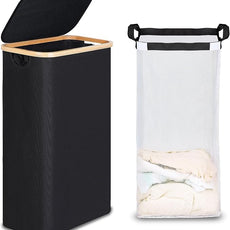 efluky Slim Laundry Basket with Lid, Narrow Laundry Hamper with Removable Bag, Skinny Dirty Clothes Basket with Bamboo Handles for Bathroom, Bedroom & Laundry Room, 75L Black