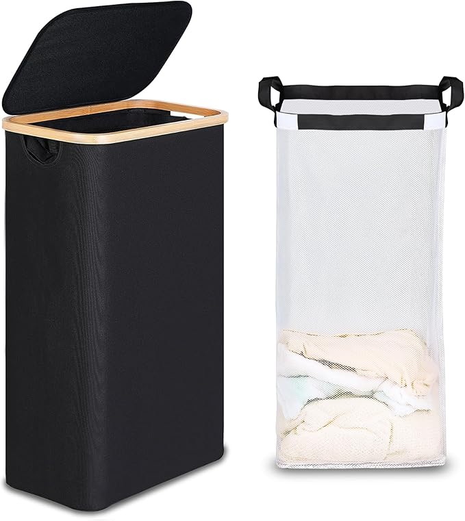 efluky Slim Laundry Basket with Lid, Narrow Laundry Hamper with Removable Bag, Skinny Dirty Clothes Basket with Bamboo Handles for Bathroom, Bedroom & Laundry Room, 75L Black