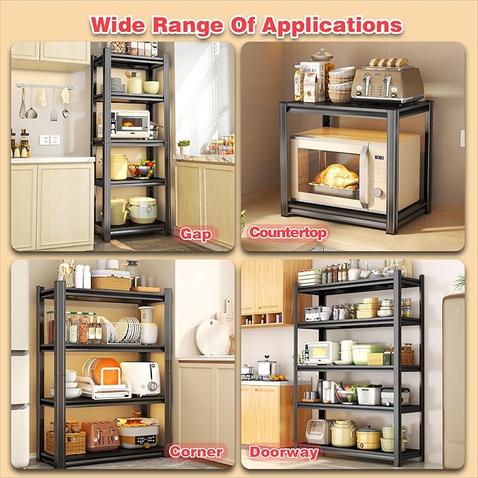 22"H Microwave Kitchen Shelving , 2 Tier Microwave Table Stand with Storage, Kitchen Storage Organization Metal Shelves Loads 800LBS, Desktop shelves Unit, Coffee Machine Storage Shelf Stand, Black