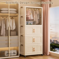 Collapsible Foldable Stackable Storage Bins with Lids on Wheels, Heavy Duty Extra Large Plastic Wardrobe Closet Organizer Cube, Rolling Clothes Storage Container for Sweaters Blanket One Clear Cabinet