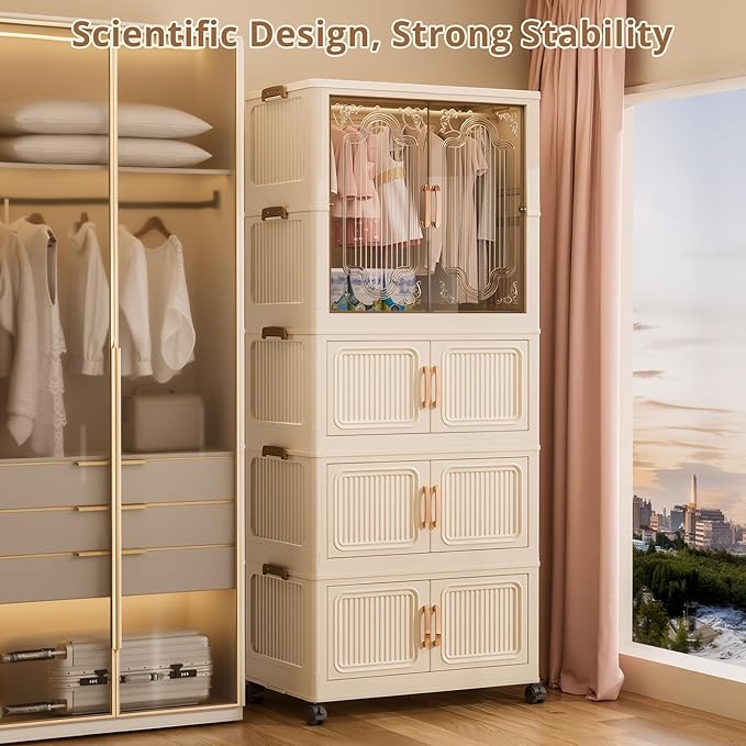 Collapsible Foldable Stackable Storage Bins with Lids on Wheels, Heavy Duty Extra Large Plastic Wardrobe Closet Organizer Cube, Rolling Clothes Storage Container for Sweaters Blanket One Clear Cabinet