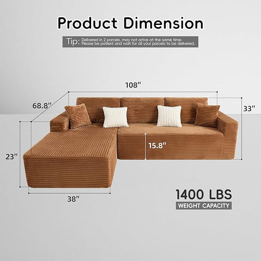 108" Boneless Couches for Living Room, Modular Sectional Sofa with Oversized Chaise, L-Shape Cloud Couch with Deep Seat, High-Density Memory Foam, No Assembly Required, Plush Corduroy Brown