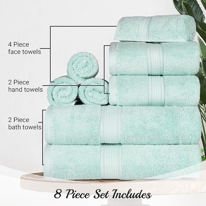 Superior Egyptian Cotton Pile 8 Piece Towel Set, Includes 2 Bath, 2 Hand, 4 Face Towels/Washcloths, Ultra Soft Luxury Towels, Thick Plush Essentials, Guest Bath, Spa, Hotel Bathroom, Sea Foam