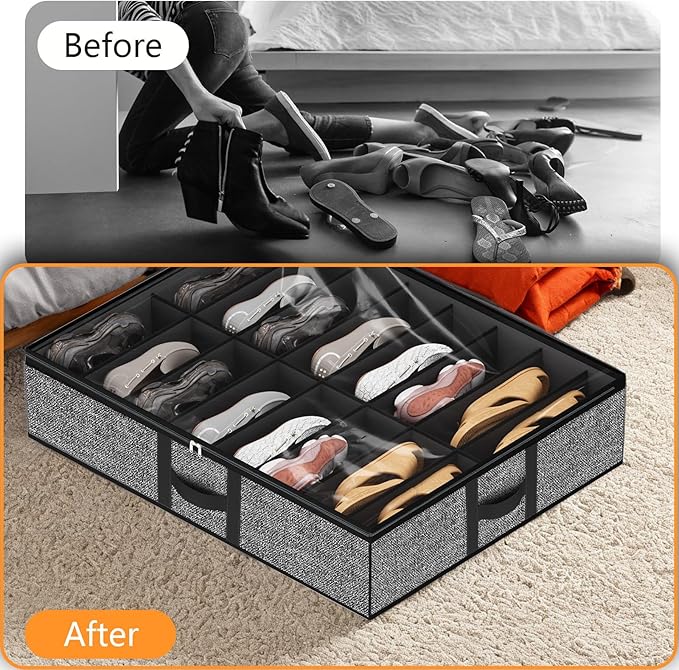 homyfort Under Bed Shoe Storage Organizer Fits 16 Pairs Shoes and 4 Pairs Boots, Underbed Shoe Storage Boxes Bins, Organizador De Zapatos, Extra Large Zapateras Organizer for closet, Black, Set of 2