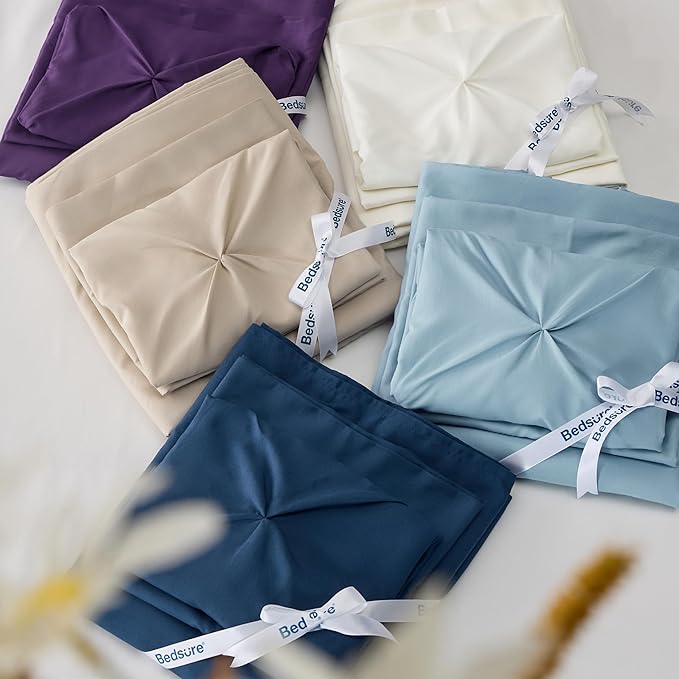 Bedsure Queen Comforter Set Mineral Blue - Bed in a Bag Queen 7 Pieces, Pintuck Bedding Sets Gift for Christmas, Pinch Pleat Bed Set with Queen Size Comforter, Sheets, Pillowcases & Shams