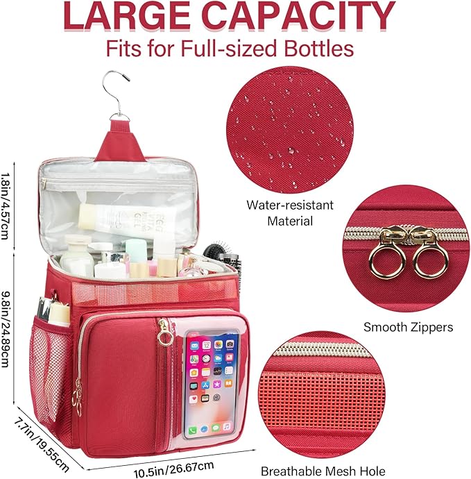 Portable Shower Caddy College, Quickly Dry Tolietry Mesh Tote Bag for Dorm Room Essentials, Hanging Bathroom Organizer Bag for Travel, Gym, Camping (Wine Red)