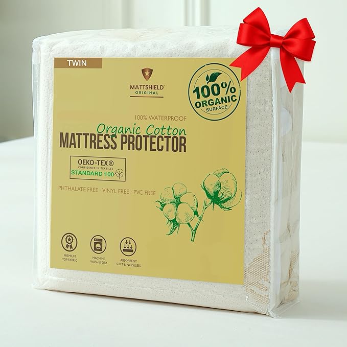 Deluxe Waterproof Organic Mattress Protector Twin - Certified Organic Cotton, Breathable Mattress Pad Cover - New 280 GSM Comfort - Jersey Cotton Skirt - Fitted Comfort