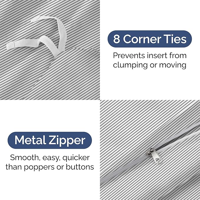 Duvet Cover King Size Set - Extra Soft King Size Duvet Cover 104 x 90 with 2 Pillow Shams - Hotel Luxury Easy Care and Fade Free w/Zipper Closures & Ties - Comfy Breathable Bedding Set (Grey Stripes)