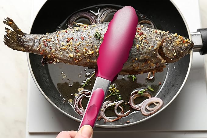 Premium Stainless Steel Food Tongs, 9-Inch & 12-Inch Wine Red Silicone BPA Free Non-Stick BBQ Cooking Grilling Locking Kitchen Tong