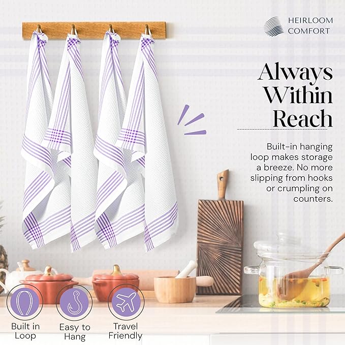 Lavender and White Kitchen Towels 12 Pack, 16x26 Inch, 100% Cotton Waffle Weave, Super Absorbent, Quick Dry, Soft & Durable Dish Towels for Drying, Cooking, Cleaning Tasks