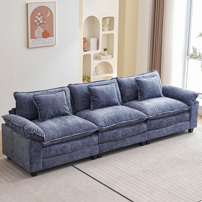 120" Modular Sectional Sofa, Comfy Cloud Couch Sectional, Chenille Sofa Sleeper Deep Seat Sofa with Throw Pillows for Living Room (Blue, 120"- 3 Seater)