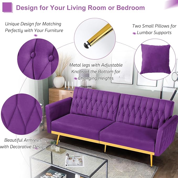 70” Velvet Futon Sofa Bed with 2 Pillows and Adjustable Armrests, Convertible Sleeper Bed W/Adjustable Backrests, Modern Loveseat for Living Room, Bedroom, Purpel