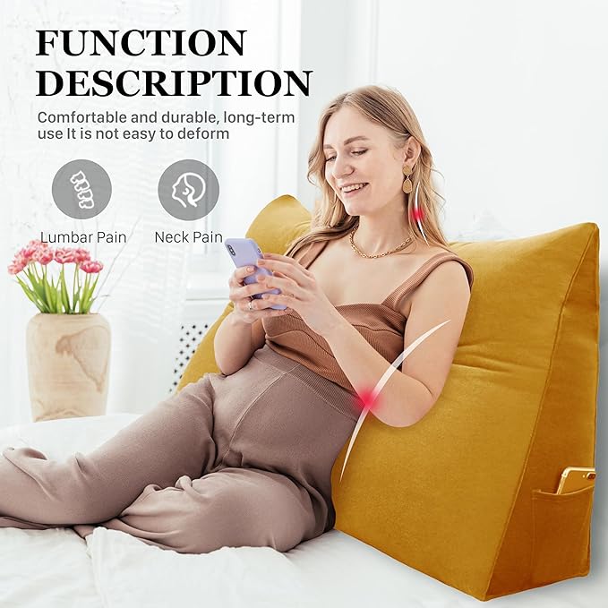 14 lbs Thickened King Headboard Pillow for Sitting Up in Bed, Back Support Reading Pillow with Side Pocket and Velvet Removable Cover, Triangular Large Wedge Headboard Pillow