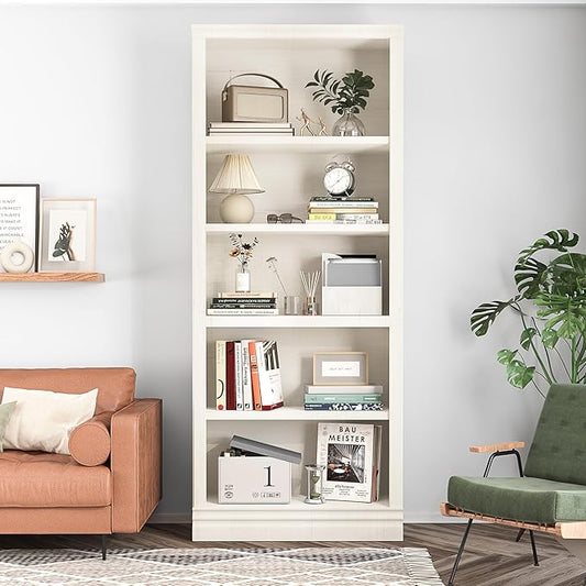 72 in Tall Bookcase, 31.3 in Wide Floor Standing Bookshelf, Open Storage 5-Shelf Bookshelves, Cream White Large Indoor Furniture for Home Office School Library Living Room Bedroom