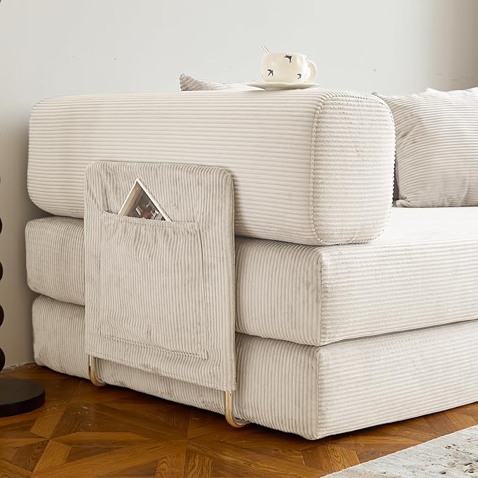 78.8" Convertible Sofa Bed -Compression Sofa with Corduroy Fabric - with Armrests and Backrest - Modular Sectional for Living Room, Bedroom, Studio - Compression Sofa in Box (Beige)