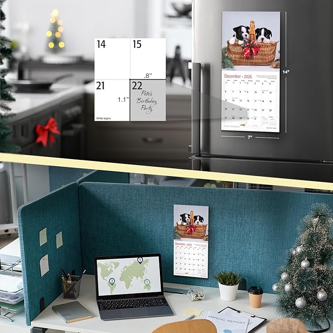 RED EMBER Boston Terrier Puppies 2026 Mini Wall Calendar 12 Month | 7" x 14" Open | Thick & Sturdy Paper | Holiday Gift | Cute Puppy Dog Calendar 2026