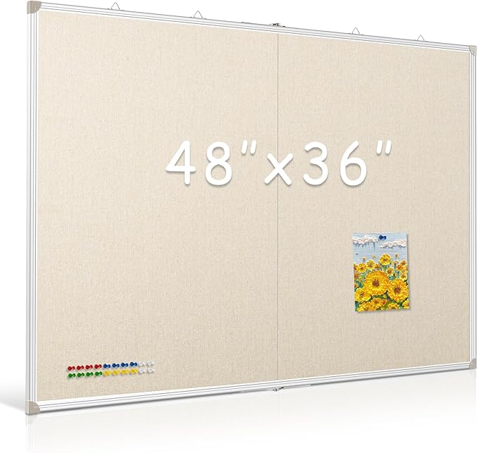 DOLLAR BOSS Foldable Linen Board, 48 x 36 Inch Corkboard, Large Bulletin Board, Portable Double Sided Aluminum Frame Wall Mounted Pin Board for Office School Dorm Supplies with 20 Push Pins, White
