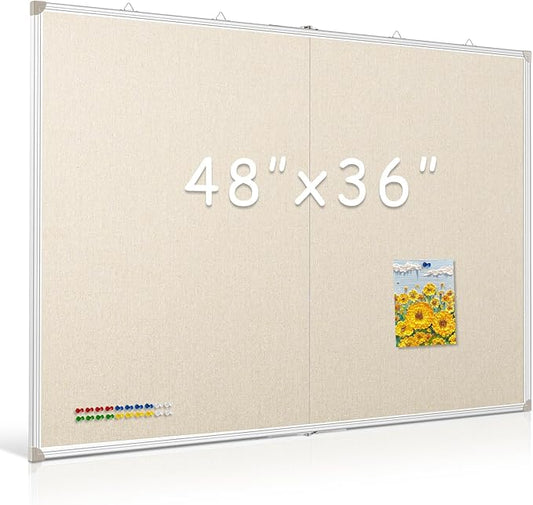 DOLLAR BOSS Foldable Linen Board, 48 x 36 Inch Corkboard, Large Bulletin Board, Portable Double Sided Aluminum Frame Wall Mounted Pin Board for Office School Dorm Supplies with 20 Push Pins, White