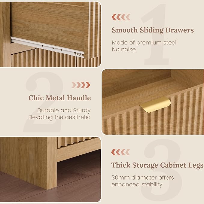 Fluted Sideboard Buffet Cabinet with Storage Drawers, 55" Large Accent Storage Cabinet with Doors and Adjustable Shelf, Modern Farmhouse Credenza for Entryway, Kitchen, Living Room - Wood