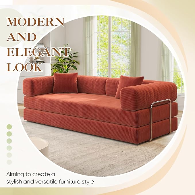 Antetek Convertible Futon Sofa Bed, 3-Seater Modern Corduroy Foam Floor King Size Bed Fold Out Sleeper Lounge Loveseat Sofa Couch with 2 Throw Pillows for Living Room Bedroom Guest Room, Tangerine