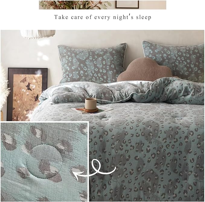 MKXI Double Layer Muslin Cotton Comforter Set Full Size Leopard Print Shabby Chic Bedding Comforter Set Soft Breathable Grey and Green Floral Animal Cheetah Lightweight Bed Comforter for All Season