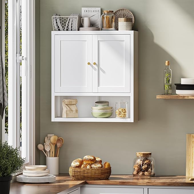 Metal Bathroom Wall Cabinet, Over The Toilet Storage Cabinets, White Wall Mounted Medicine Cabinets, Hanging Cabinet with 2 Doors & Adjustable Shelf for Kitchen, Laundry Room