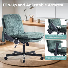 Criss Cross Chair with Flip-Up Arms and Lockable Wheels, Plush Fabric Cross Legged Office Desk Chair,Wider 125°Tilting Adjustable Swivel Computer Chair for Home, Apartment, Bedroom,Green