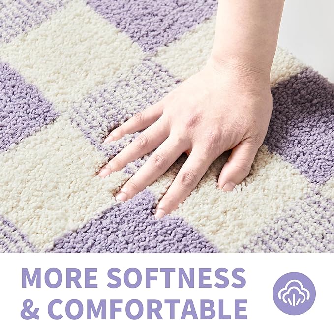 CozeCube Bath mats for Bathroom Non Slip, Fluffy Absorbent Microfiber Bath mat Washable, Aesthetic Bathroom Rugs, Large Purple Checkered Bath mat, Lavender, 36" x 24"