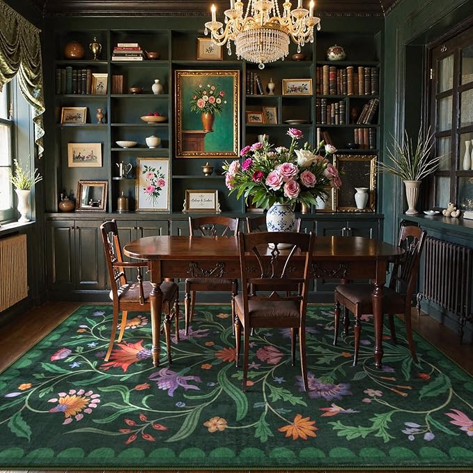 Lahome Boho Floral Washable Green 9x12 Area Rugs for Living Room, Non Slip Rugs for Bedroom, Indoor Throw Dining Room Carpet for Under Table Home Office Playroom (Forest Green,9x12ft)