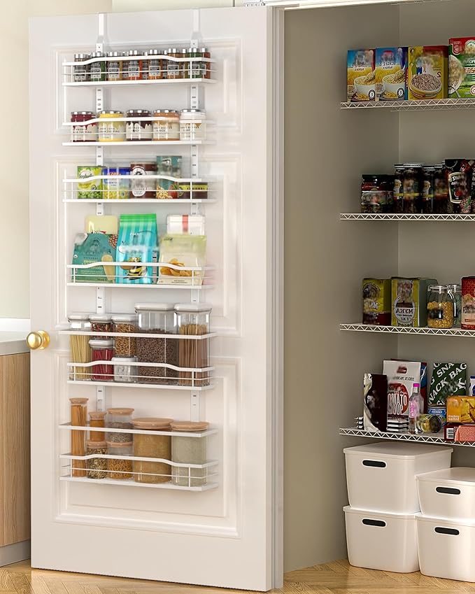Moforoco White 6-Tier Over Door Pantry Organizer, Pantry Organization Storage, Door Metal Hanging Spice Rack Basket Shelves, Home Kitchen Apartment Essentials, Laundry Room Bathroom Organization