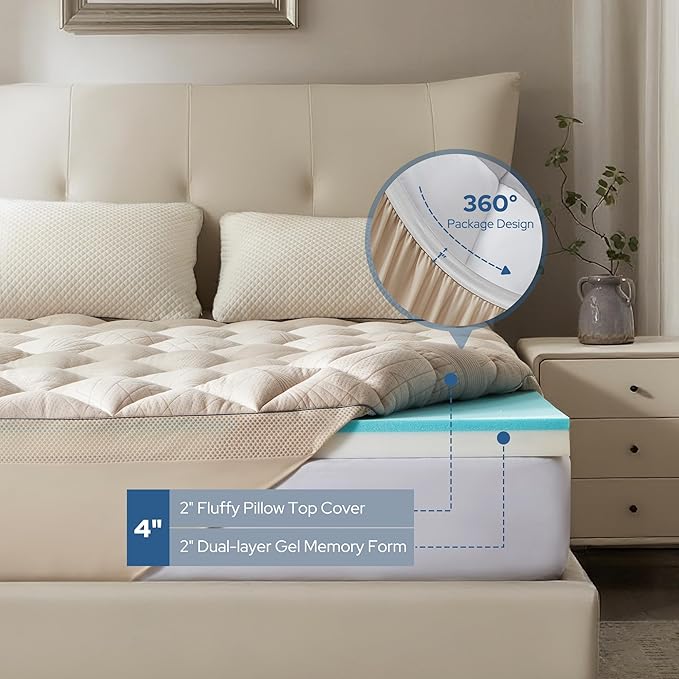 Bedlore 4-Inch Queen Mattress Topper for Back Pain - Dual Layer Medium Support (2" Gel Memory Foam + 2" Cooling Fluffy Pillow Top Pad), Breathable & Pressure Relief (Beige)