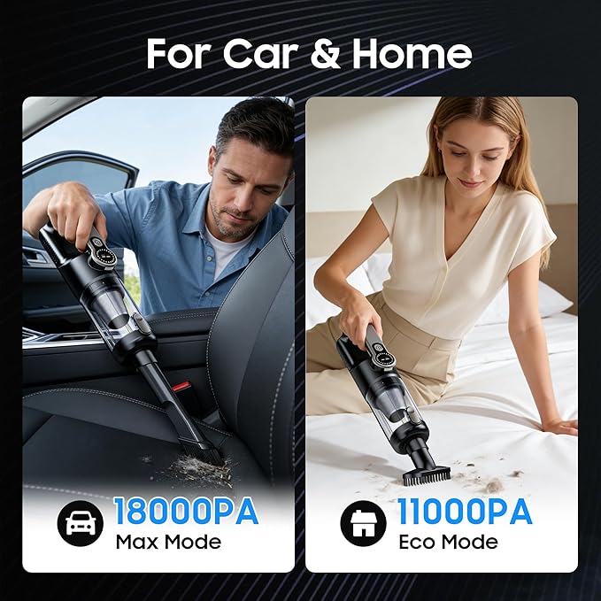 Cordless Handheld Vacuum for Car and Home, 18000Pa Strong Suction, 35 Mins Runtime with Multiple Nozzles & LED Light, Portable Cleaner for Pet Hair and Car Seats