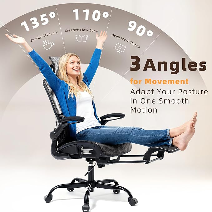 Ergonomic Office Chair, Adjustable High Back Desk Chair with Headrest Footrest 2D Lumbar Support - Executive Breathable Mesh Comfy Swivel Rolling Reclining Computer Task Chairs for Home Office Gaming