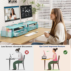 OPNICE Desk Organizers and Accessories, 2-Tier Computer Monitor Stand Riser with Drawer and 2 Pen Holders, Laptop Stand, Office Desk Accessories for Office Supplies, Teal Blue