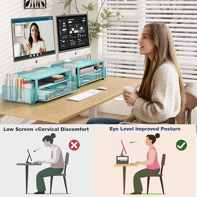 OPNICE Desk Organizers and Accessories, 2-Tier Computer Monitor Stand Riser with Drawer and 2 Pen Holders, Laptop Stand, Office Desk Accessories for Office Supplies, Teal Blue