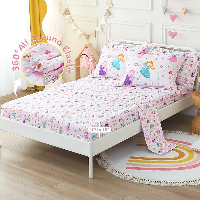 Viviland Kids Twin Bedding Sets for Girls, Soft Twin Comforter Set with Sheets, 5 Pieces Microfiber Bed in a Bag, Fairy Mushroom