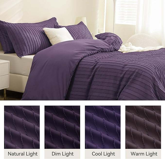 JELLYMONI Duvet Cover King Size Purple - 3PCS Boho Striped Duvet Cover Set Polyester Tufted Bohemian Textured Comforter Cover 104×90in with Corner Ties & Zipper and 2 Pillowcases