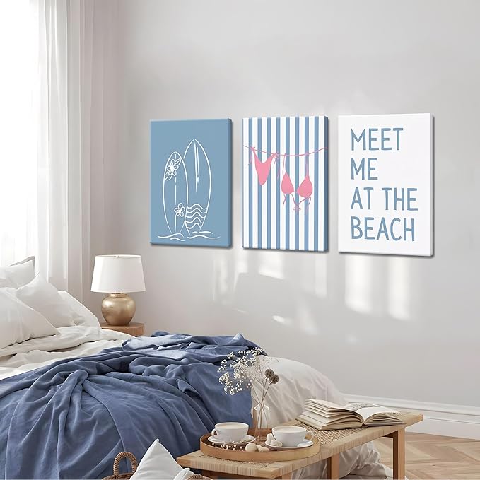 Trendy Coastal Beach Canvas Wall Art Set of 3, Blue Preppy Bikini Surfing Wall Decor Paintings, Summer Shells Meet Me at the Beach Posters Prints Pictures for Girly Dorm Bathroom 12x16 Inch Framed
