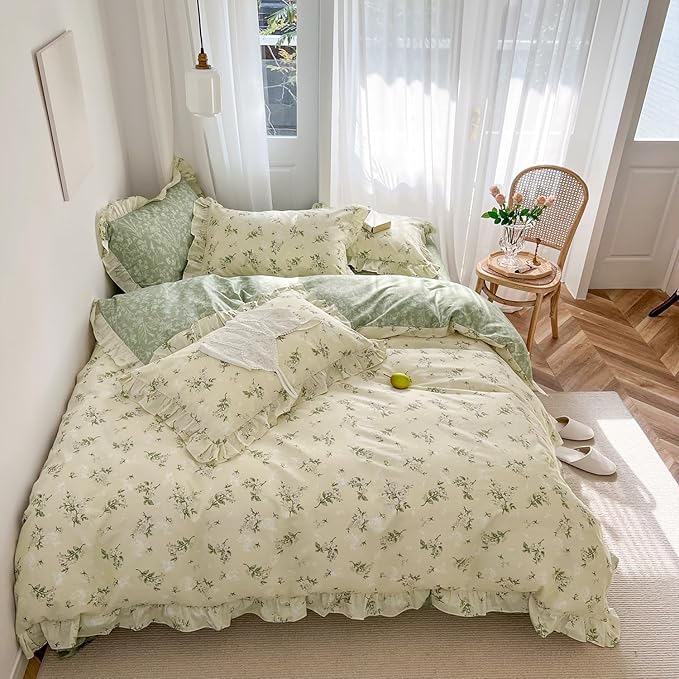 MKXI Full Size Beige & Green Floral Comforter Set - 3 Piece Ruffled Lace Bedding Set with Reversible Design, Soft Aesthetic Cottagecore Style Green Leaf Comforter for Girls, Women, and Teens