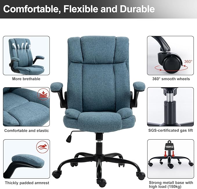 Office Chair High Back Ergonomic Executive Computer Desk Chair Comfortable Fabric Padded Home Office Desk Chairs with Flip-up Arm Rest Adjustable Height Swivel Wheels (Blue)