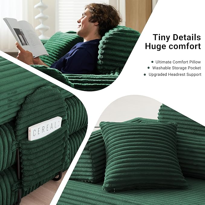Convertible Sofa Bed with Fixed Frame, Corduroy Futon Boneless Couch with Pillow Headrest, No-Assembly Floor Sofa 79" Extra-Wide Sleeper for Living Room, Bedroom, Lounge, Studio (Dark Green)