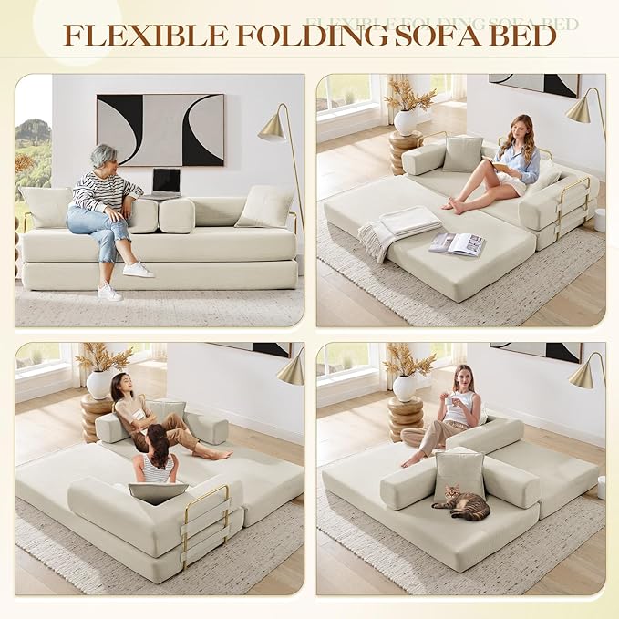Antetek Convertible Futon Sofa Bed, 3-Seater Modern Corduroy Foam Floor King Size Bed Fold Out Sleeper Lounge Loveseat Sofa Couch with 2 Throw Pillows for Living Room Bedroom Guest Room, Beige
