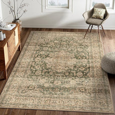 3x5 Washable Vintage Area Rug Green Brown Entryway Office Carpet Non-Slip Soft Low Pile Distressed Throw Rug for Entrance Living Room Bathroom Dining Room