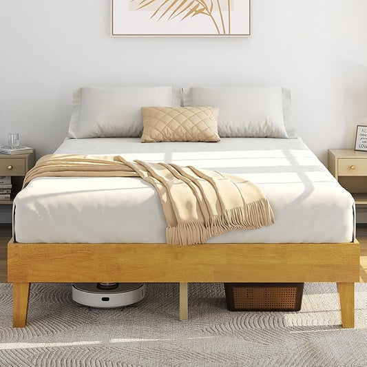 Yaheetech Queen Bed Frame Natural Solid Wood Platform Bed with Wooden Slats Support, 7.3-inch Underbed Space for Storage, Noise-Free Design, Easy Assembly, Natural Wood Finish