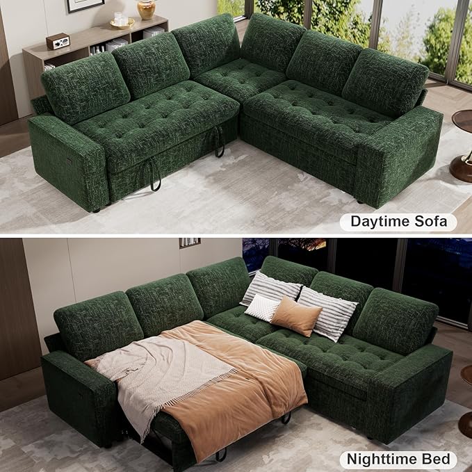 WEUP 5 Seat L Shaped Sectional Sleeper Sofa Bed with Pull Out Bed, Chenille Sectional Sleeper Couch with Adjustable Backrest, USB Ports & Storage Seat, Tool-Free Assembly, Chenille Green